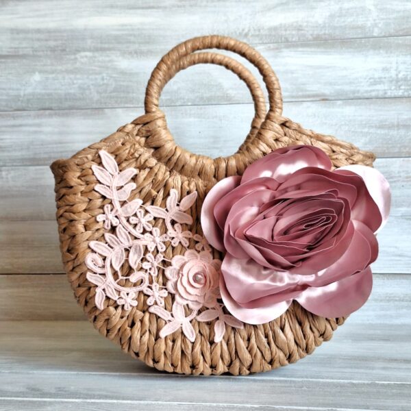 Geantă de vară din paie împletită cu decor floral boem - Fiore - 003