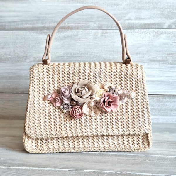 Geantă de vară din paie împletită cu decor floral boem - Fiore - 005
