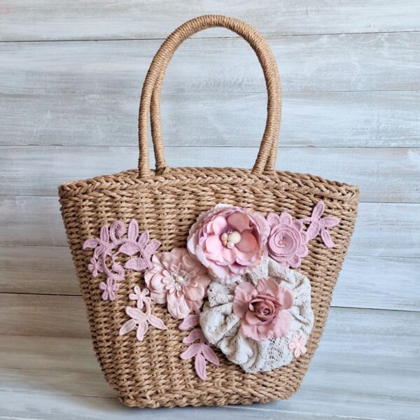 Geantă de vară din paie împletită cu decor floral boem - Fiore - 008