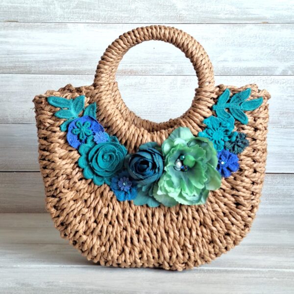 Geantă de vară din paie împletită cu decor floral boem - Fiore - 010