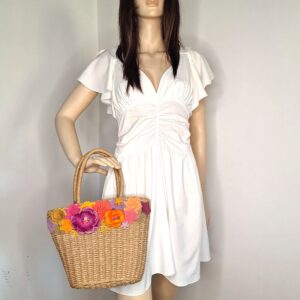 Geantă de vară din paie împletită cu decor floral boem - Fiore - 011