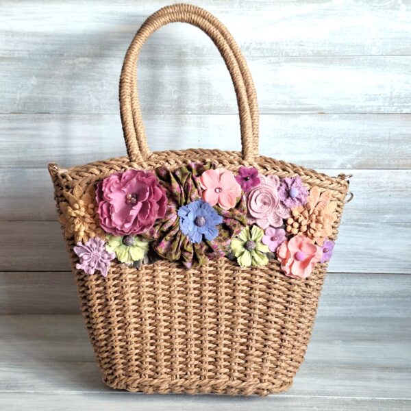 Geantă de vară din paie împletită cu decor floral boem - Fiore - 012