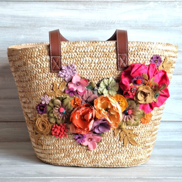 Geantă de vară din paie împletită cu decor floral boem - Fiore - 017