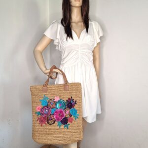 Geantă de vară din paie împletită cu decor floral boem - Fiore - 018